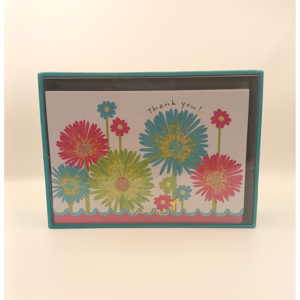 Papyrus Thank You Note Cards Boxed Set 14ct Glitter Floral Scalloped Edge 427080